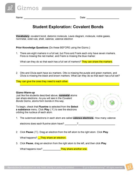 Gizmo Covalent Bonds Answer Sheet - Name: ______________________________________ Date: - Studocu