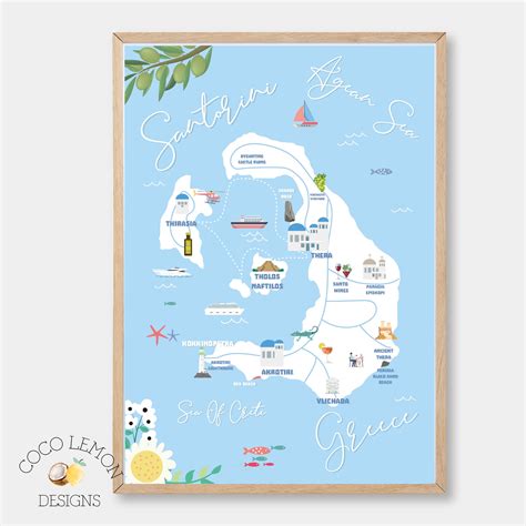 Illustrated Santorini Greece Travel Map Print Various Etsy Canada