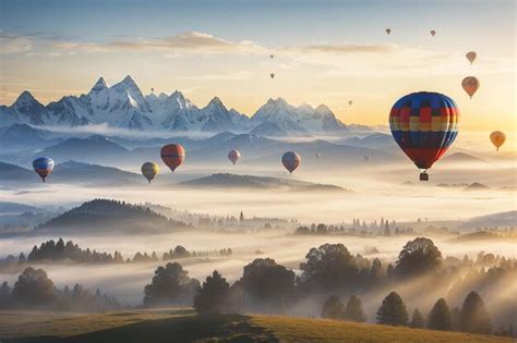 Premium AI Image Landscape Of Morning Fog And Mountains With Hot Air