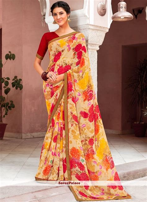 Multi Colour Abstract Print Printed Saree In 2020 Printed Sarees