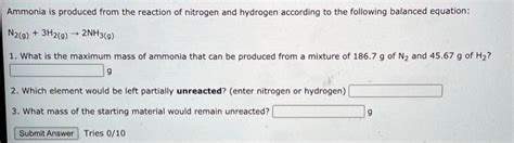 Solved Ammonia Is Produced From The Reaction Of Nitrogen And Hydrogen