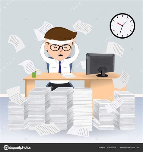 Businessman Busy On His Desk With Pile Of Papers Businessman Cartoon