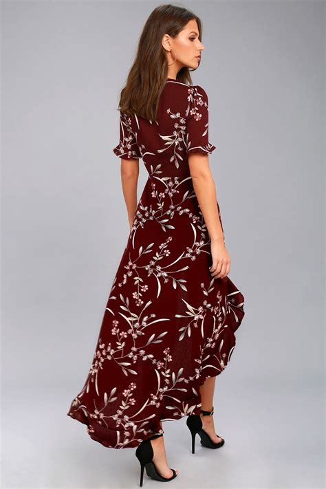 Wild Winds Burgundy Floral Print High Low Wrap Dress Floral Print