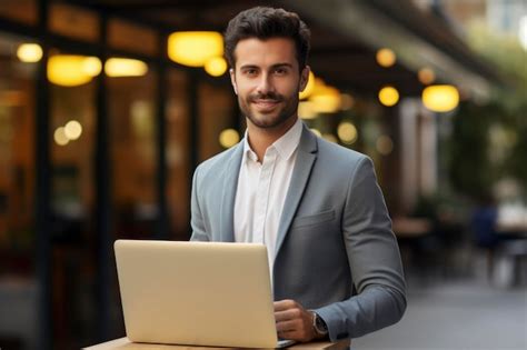 Un hombre de negocios tenencia un computadora portátil Foto Premium