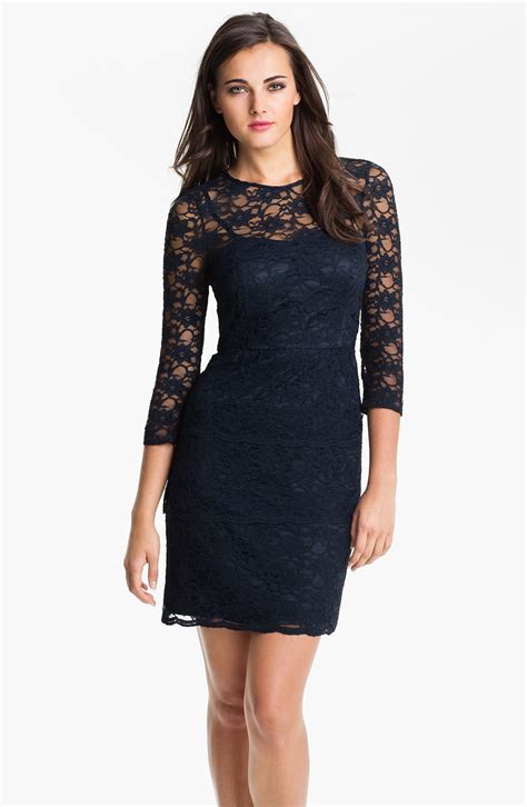 Eliza J Illusion Sleeve Lace Sheath Dress In Blue Navy Lyst