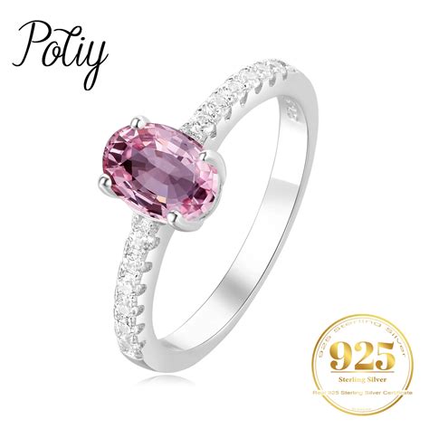 Potiy Anillo Solitario De Plata De Ley 925 Con Topacio Rosa Ovalado