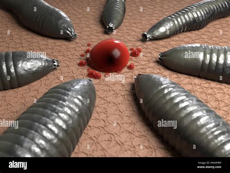 Leech Gusanos Y Gota De Sangre En La Piel Humana Ilustración 3d