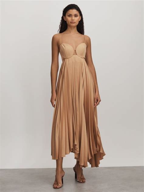 Acler Pleated Asymmetric Midi Dress In Gold Reiss