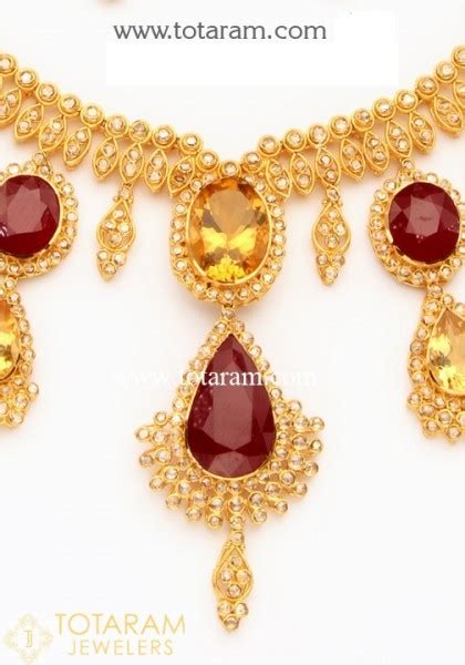 K Gold Uncut Diamond Necklace Drop Earrings Set With Ruby Citrons