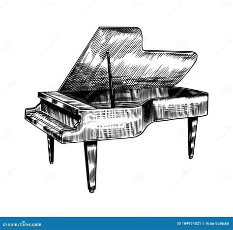 Grand Piano In Monochrome Engraved Vintage Style Hand Drawn Sketch