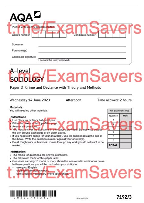 2023 Aqa A Level Sociology Paper 3 Crime And Deviance With Theory And