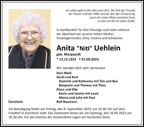 Traueranzeigen Von Anita Uehlein Trauerportal Ihrer Tageszeitung