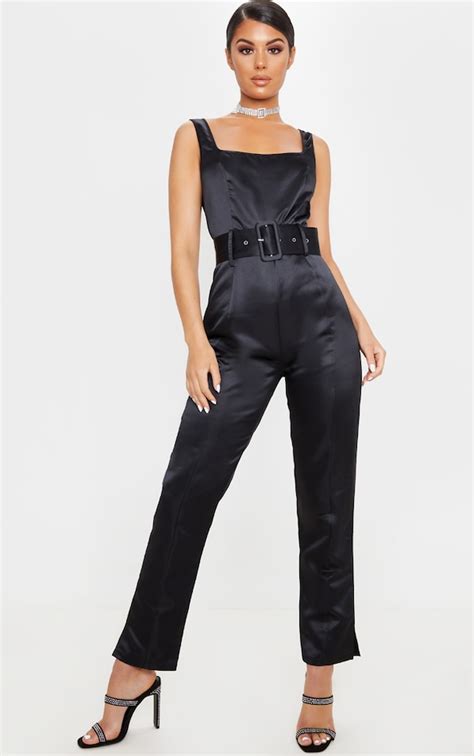 Black Bonded Satin Belt Detail Jumpsuit Prettylittlething