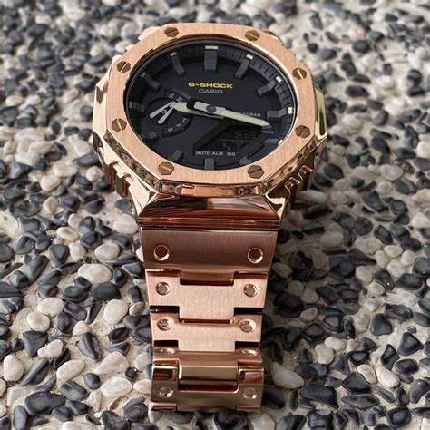 Casio G Shock Ga2100 In Customise Rose Gold Stainless Steel Metal Bezel