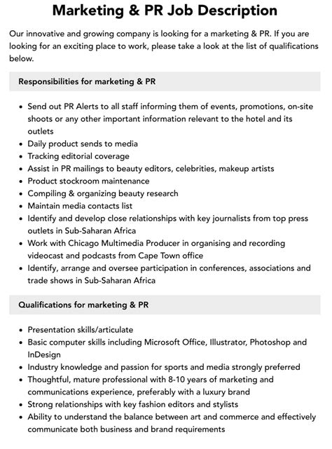 Marketing Pr Job Description Velvet Jobs