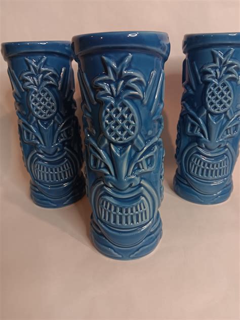 Tommy Bahama Tiki Mug Glass Ceramic Vase Hawaiian Pineapple 7 Tall Blue