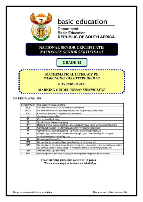 Mathematical Literacy P2 Nov 2023 MG Afr Eng MARKS PUNTE 150