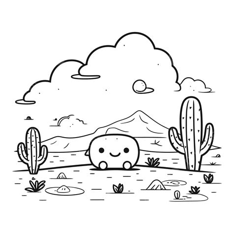 Cactus Coloring Page With Kawaii Cacti In The Desert Outline Sketch