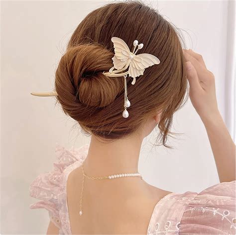 Amazon 1pc Chinese Metal Butterfly Pearl Hair Chopsticks Hair