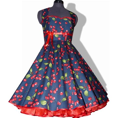 50er Jahre Kleid Zum Petticoat Blau Rote Kirschen Rockabilly 34 44