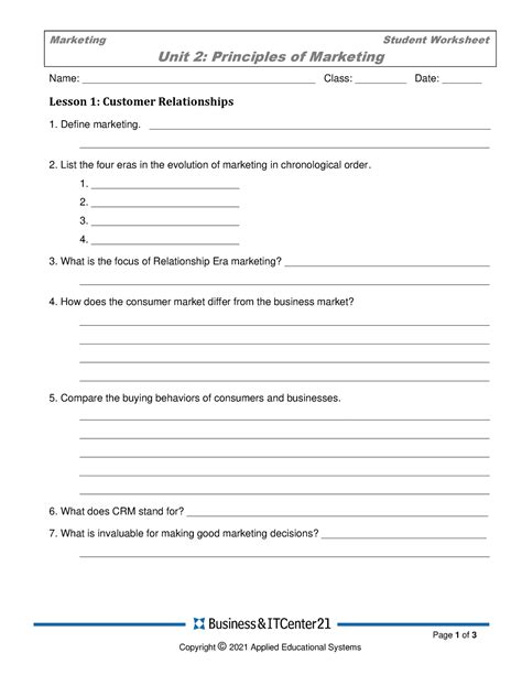 Principals Of Marketing Worksheet Marketing Student Worksheet Unit