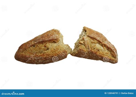 Fresh Baked Bread Loaf Broken In Half Isolated On White Background