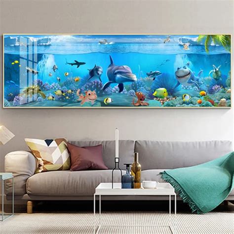 Deep Sea Whale Seascape Blue Canvas Painting House Wall Art Decoration Picture (No Frame ...