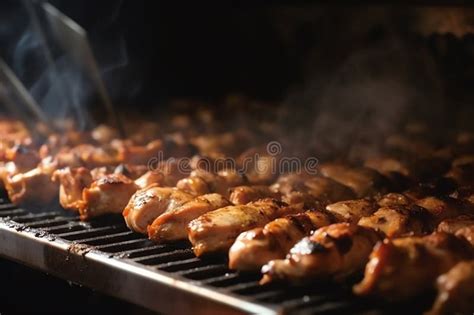 Grilling Chicken Meat Shashlik On Metal Skewers Technology Generative