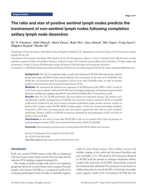 Pdf The Ratio And Size Of Positive Sentinel Lymph Nodes Predicts The