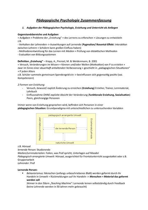 Pädagogische Psychologie Zusammenfassung 1 2 Stunde Pädagogische