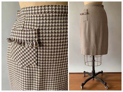 Vintage S Brown Houndstooth Wool Pencil Skirt Extra Small W W