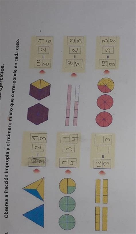 Observa a fracción impropia y el número mixto que corresponde en cada