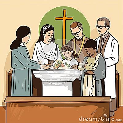 Cartoon Baptismal Service With Candidates, Officiants, And Baptismal Symbols Royalty-Free Stock ...