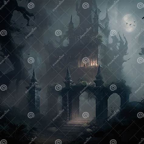 The Surroundings Of A Gloomy Gothic Castle In The Fog Stock