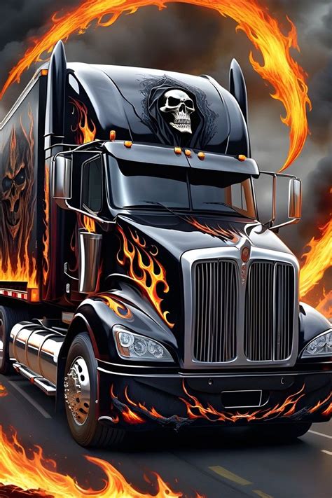 Custom Big Rig: Black Semi Truck with Flames and Skull Painted Front