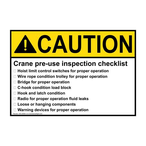 Caution Sign Crane Pre Use Inspection Checklist Ansi