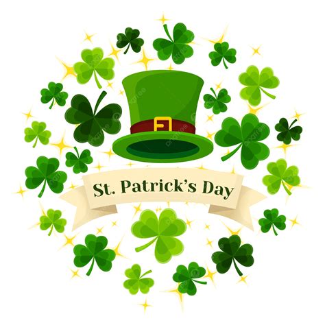 Saint Patricks Day Celebrations With Green Hat Clover Leaves And Banner Vector Clover Leaves