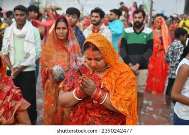 Hindu Devotee Offering Prayers Sun God Stock Photo