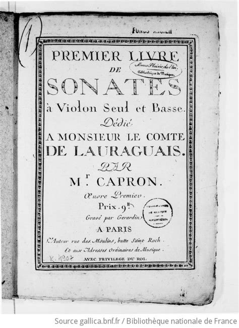 Premier Livre De Sonates Violon Seul Et Basse Par Mr Capron