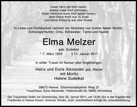 Traueranzeigen Von Elma Melzer Trauer In NRW De