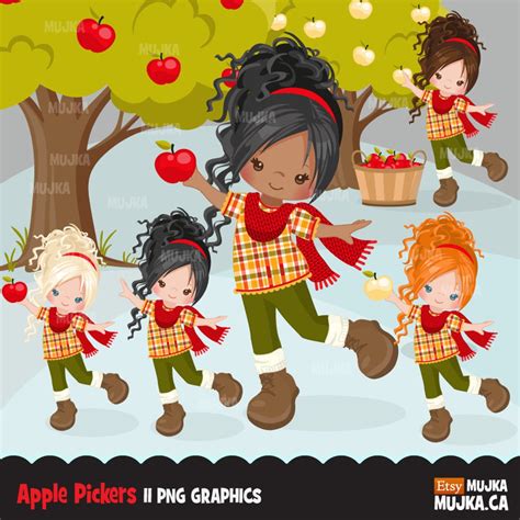 Fall Apple Pickers Clipart Cute Characters Black Etsy