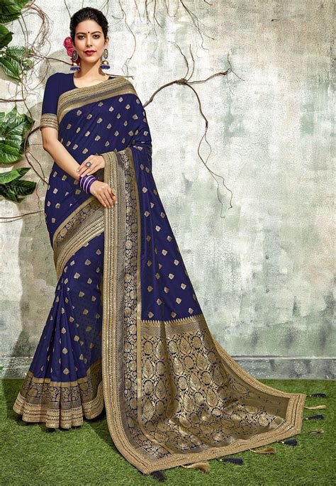 Woven Art Silk Jacquard Saree In Dark Blue Saree Designs Party Wear