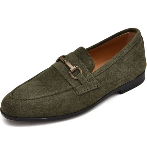 Scarpe Uomo Mocassino In Vera Pelle Camoscio Verde Morsetto Argento