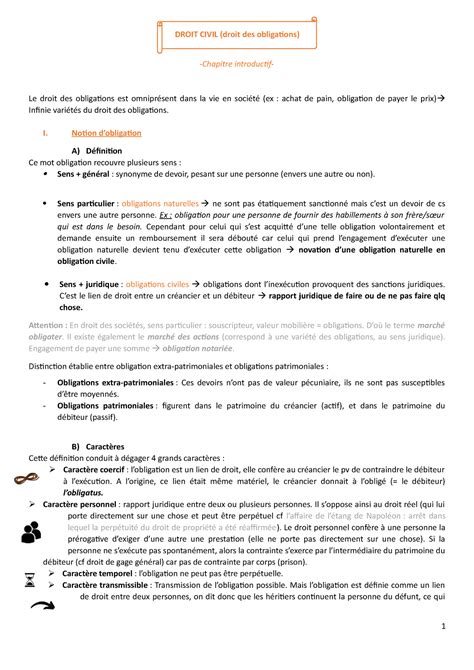 Droit Civil Intro Fiche DROIT CIVIL Droit Des Obligations Chapitre