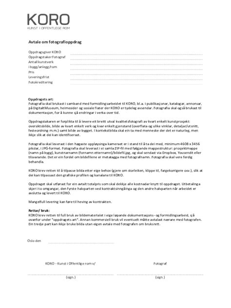 Fillable Online Avtale Om Fotografioppdragkoro Fax Email Print Pdffiller