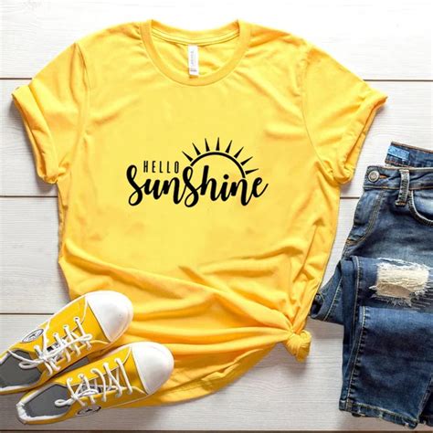 Sun Tshirt Hello Sunshine T Shirt Women Yellow T Shirt Cotton Graphic Tee Plus Size Tshirt