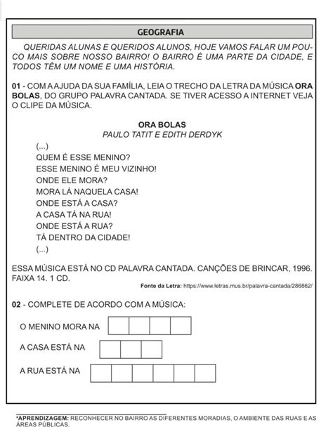 1º ANO ATIVIDADES DE GEOGRAFIA BAIRRO Cuca Super legal Educação