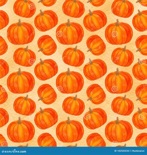 Pumpkin Seamless Pattern Autumn Harvest Watercolor Thanksgiving Stock