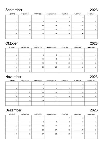 Kalender September Oktober November Dezember 2023 Kalender Su