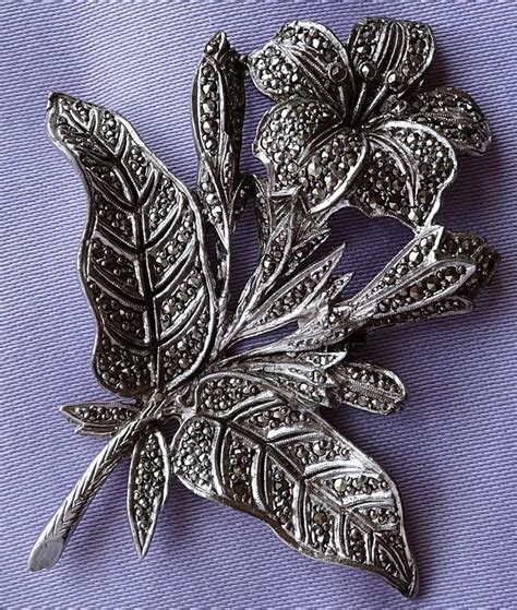 Vintage Large Marcasite LILY Flower Buds Leaves Brooch Marcasite